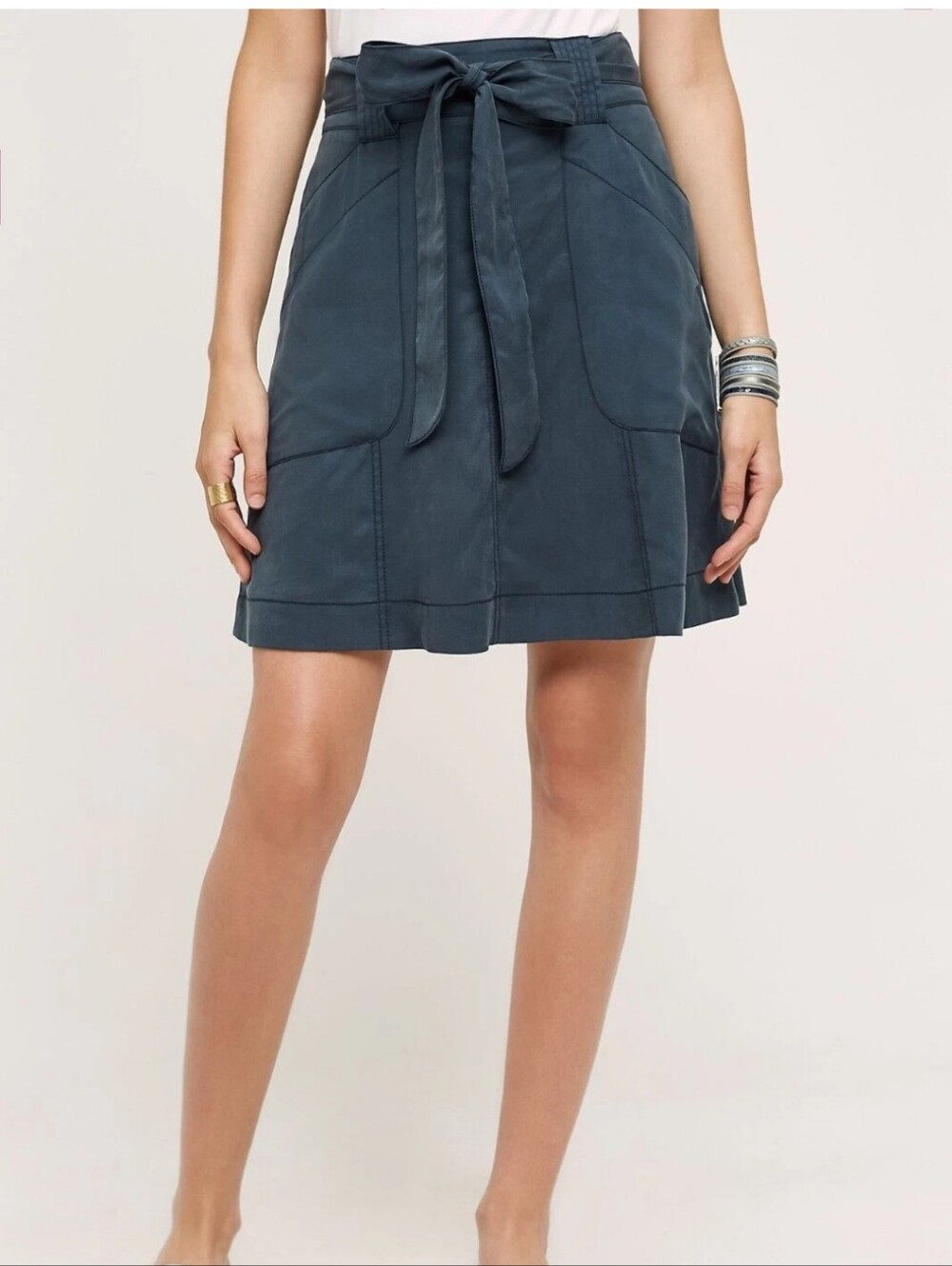 Anthropologie By HD in Paris Women's Bryden Slate Blue Tie-Waist A-Line Skirt 2